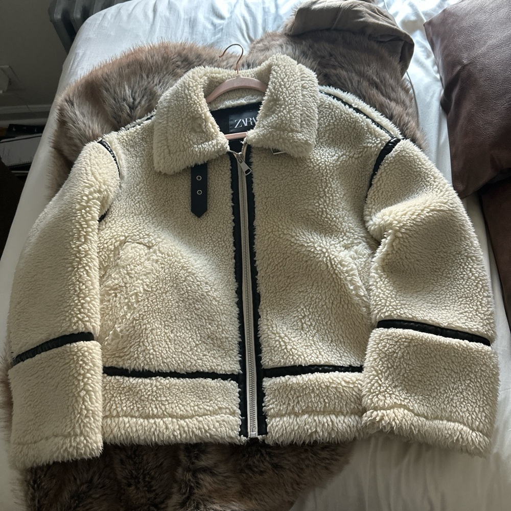 Zara Cream Shearling Jacket with Black Details